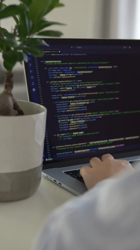 Developer typing code on laptop beside indoor plant. Software programming Видео 345653594
