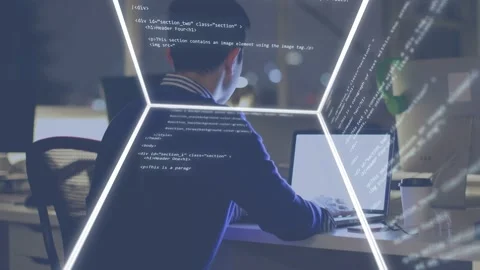 Developer typing code on laptop as pentagon overlay and streaming code sweeping 스톡 동영상 334729362
