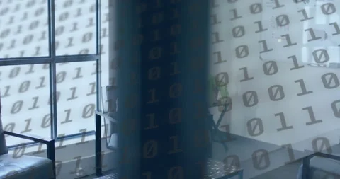 Developer typing code, noting while binary digits floating and pillar drifting Stock Footage 315305847