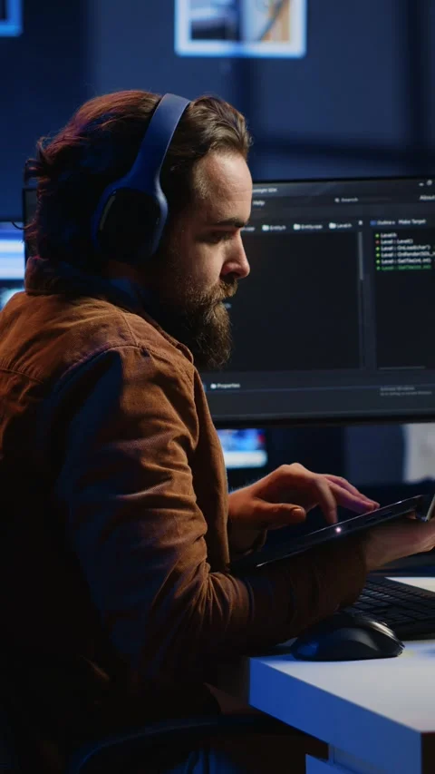 Developer typing complex code in neon lit home office, listening music Stock Footage 264512515