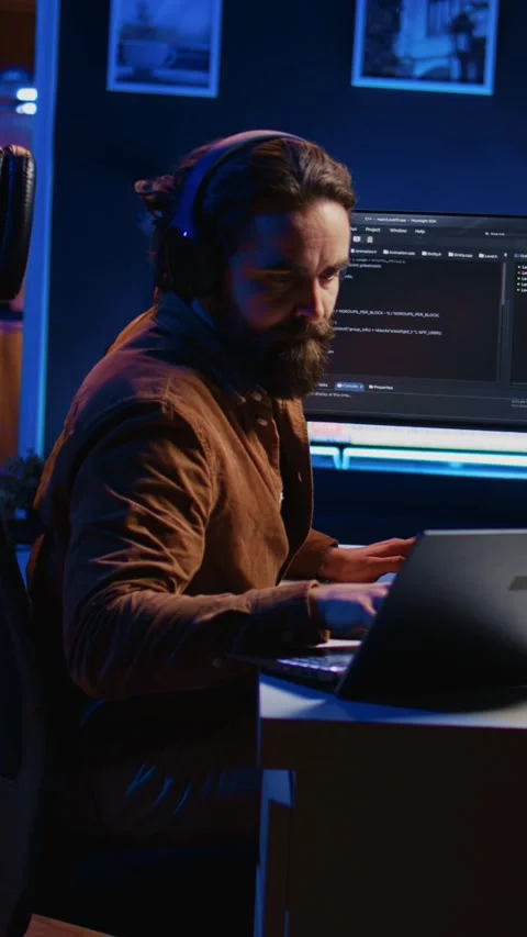Developer typing complex code in neon lit home office, listening music Stock Footage 264513625