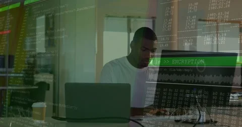 Developer typing at desk in office, starting encryption overlaying monitor with Stock Footage 331634297