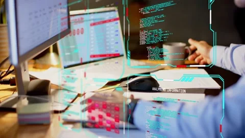 Developer typing on keyboard and clicking mouse, activating HUD code panels Video stock 333704288