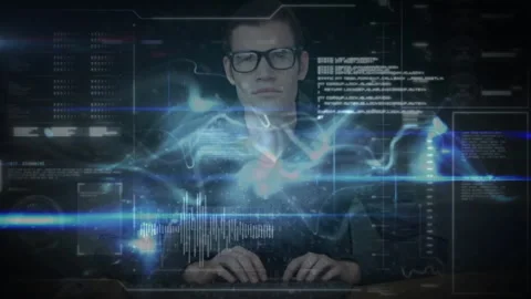 Developer typing at keyboard generating data streams, code and graphs while Stock Footage 310326850