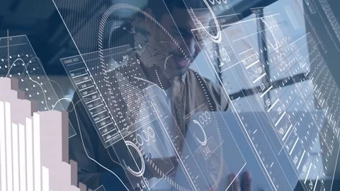 Developer typing on laptop activating code windows and raising bar charts for Stock Footage 319682234