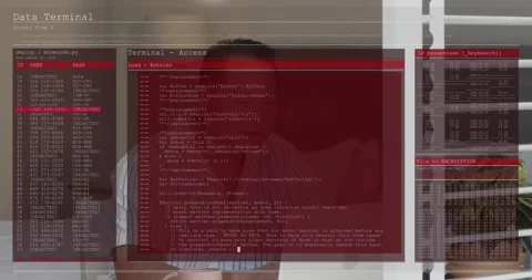 Developer typing on laptop by bed, causing red terminal overlay showing code Stock Footage 322203208