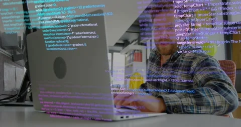 Developer typing on laptop, causing code overlay filling across laptop and man Stock Footage 328265301
