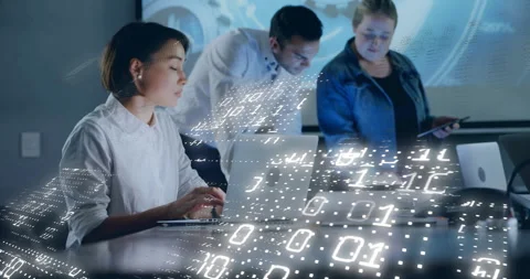 Developer typing on laptop launching binary grid, lead pointing, analysts Stock Footage 311084652