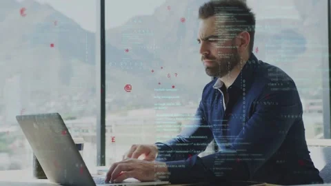 Developer typing laptop showing code and data overlays analyzing software while 스톡 동영상 335282089