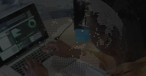 Developer typing laptop, updating dashboard while reviewing code, dotted globe Stock Footage 331235829