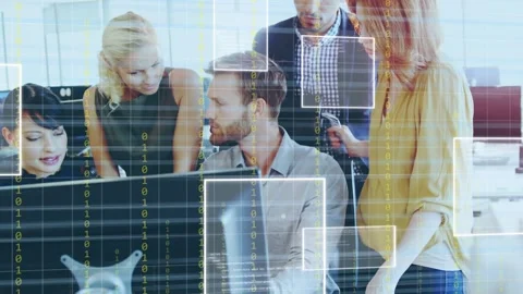 Developer typing on screen causing team pointing and holding phone making code Stock Footage 335235554