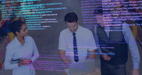 Developer typing on silver laptop activating code overlay with analyst and lead Stock Footage 312638366