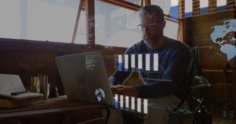 Developer typing at wooden desk, analyzing data while charts and code forming 3D Stock Footage 328229503