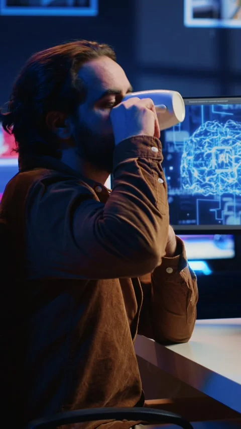 Developer updating AI neural networks, drinking coffee, listening music Stock Footage 264513397