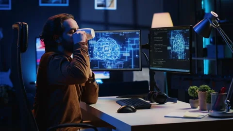Developer updating AI neural networks, drinking coffee, listening music Stock Footage 265514200