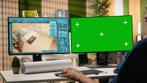 Developer uses software to review property layouts and copy space Foto stock