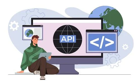 Developer using API coding interface. Vector illustration 스톡 일러스트