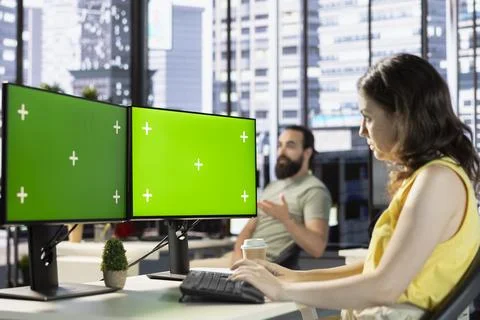 Developer using chroma key PC, fixing applications issues Stock Photos