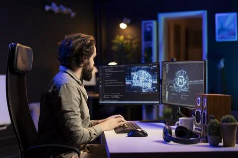 Developer using computer to update AI machine learning algorithm Stock Photos