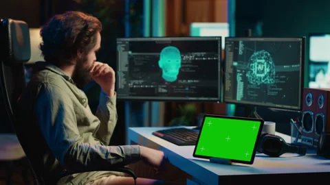 Developer using green screen tablet updating artificial intelligence Stock Footage 267046469