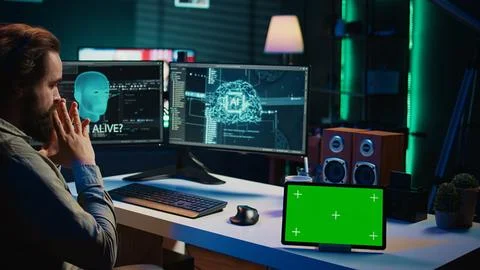 Developer using green screen tablet updating artificial intelligence Stock Photos