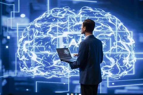 Developer using laptop to implement artificial intelligence parallel processing Stockfoto's