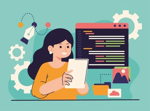 Developer using mobile Stock Illustration