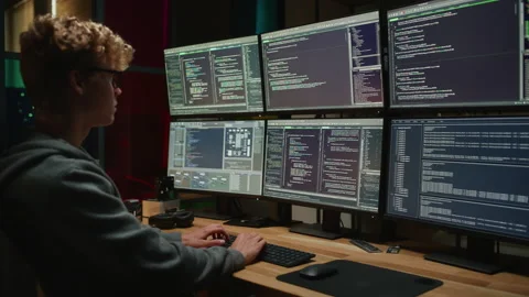 Developer Using Multiple Displays And Coding In Office Stock Footage 223195134