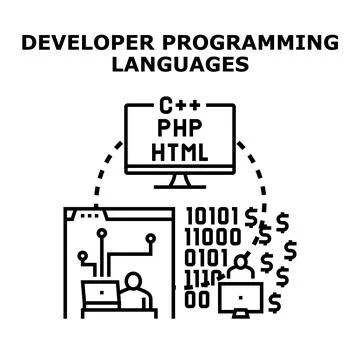 Developer using programming languages for software engineering Stockillustratie