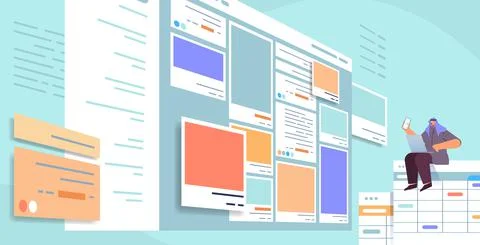 Developer using smartphone creating mobile app ui interface web application Stock Illustration