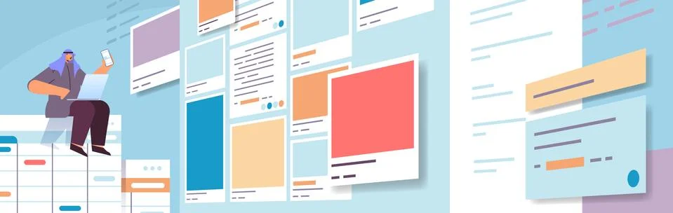 Developer using smartphone creating mobile app ui interface web application Stock Illustration