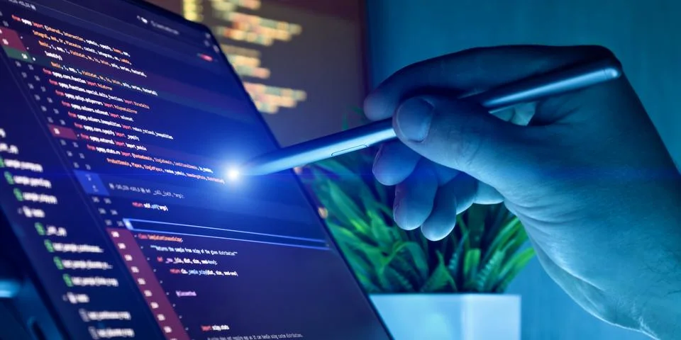 Developer using stylus to edit source code 스톡 사진