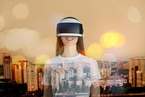 Developer using virtual reality headset in project. Modern technology. Doub.. Stock Photos