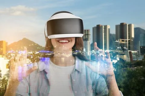 Developer using virtual reality headset in project. Modern technology. Doub.. Stock Photos