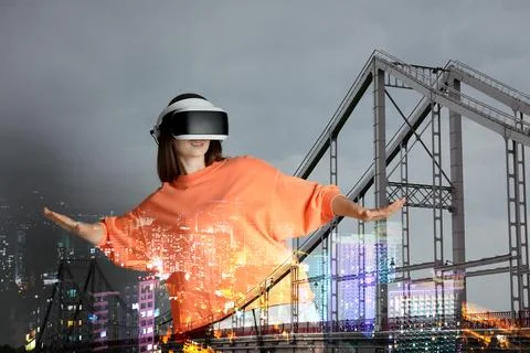 Developer using virtual reality headset in project. Modern technology. Doub.. Stock Photos
