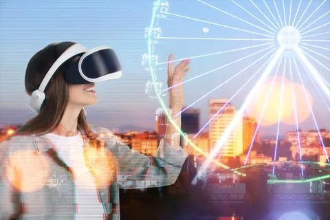 Developer using virtual reality headset in project. Modern technology. Doub.. Stock Photos