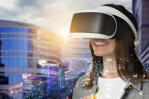 Developer using virtual reality headset in project. Modern technology. Doub.. Stock Photos