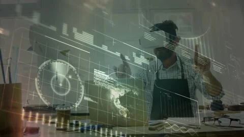 Developer wearing VR headset summoning hologram tapping chart adjusting timeline 動画素材 311048919