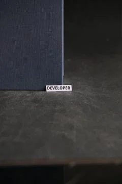 Developer Word Label Beneath Upright Book on Dark Textured Background 库存照片
