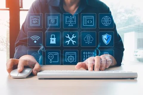 Developer working computer digital API system icon interface representing s.. Stock Photos