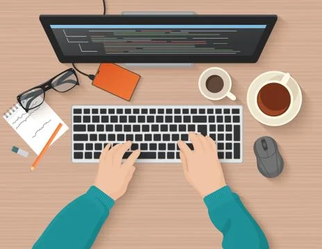 Developer working at computer. Programmer hands coding. Programming flat Stock Illustration