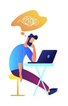 Developer working with laptop and thinking vector illustration. Stock Illustration