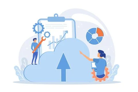 Developer working on laptop with cloud data. Computing applications, develo.. 스톡 일러스트