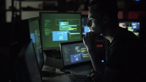 Developer working late at night and hacking networks Stock Footage 92163010