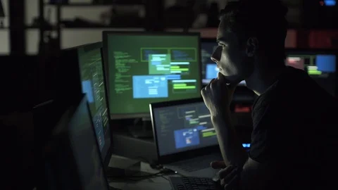 Developer working late at night and hacking networks Stock Footage 92163026