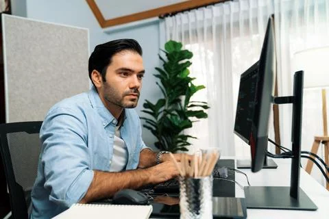 Developer working software development coding two computer code screen. Surmise. 스톡 사진