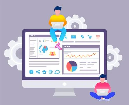 Developer Working with Website in Laptop Vector Stock Illustration