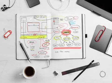 Developer workplace. Open notepad with hand drawn website projec Stock Photos