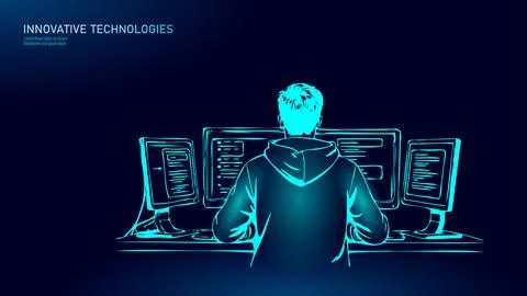 Developer works computers. Back view programmer coding. IT business software Stock Illustration