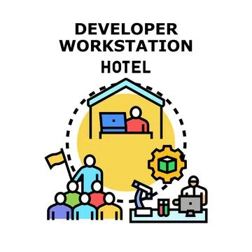 Developer workstation hotel offering software coding services Illustrazione stock